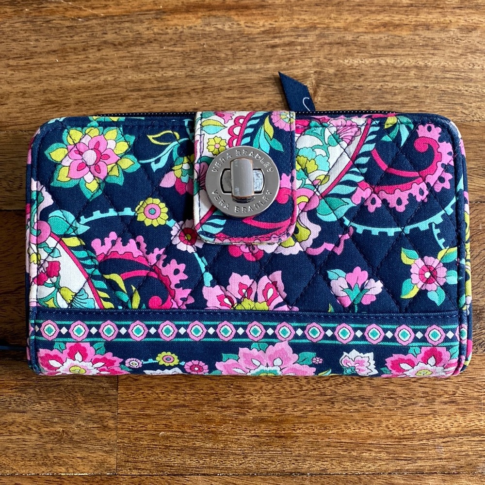 Large Vera Bradley tri fold wallet quilted navy floral print rfid protected